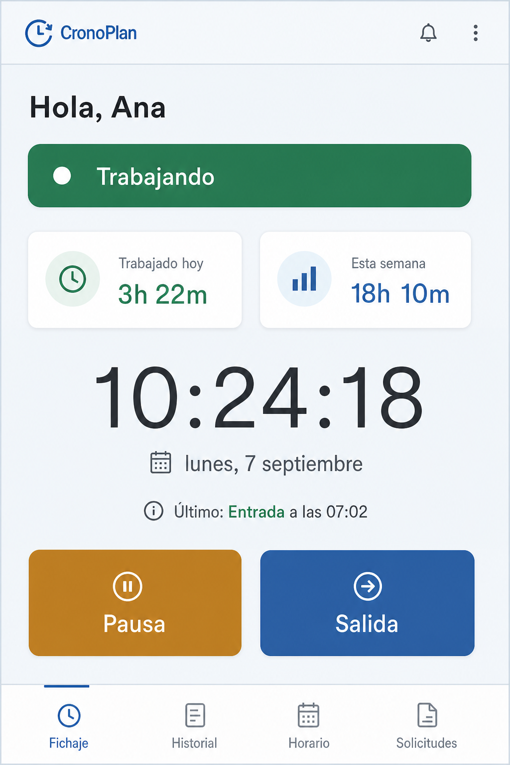 Pantalla de fichaje en el móvil: Entrada, Pausa y Salida